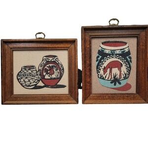 Rainbow Way Pueblo Pottery Sand Art Set of 2 Vtg New Mexico Framed Wall Decor